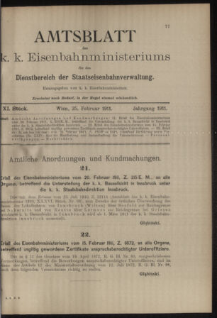 Verordnungs- und Anzeige-Blatt der k.k. General-Direction der österr. Staatsbahnen 19110225 Seite: 1