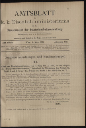 Verordnungs- und Anzeige-Blatt der k.k. General-Direction der österr. Staatsbahnen 19110304 Seite: 1