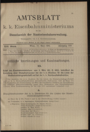 Verordnungs- und Anzeige-Blatt der k.k. General-Direction der österr. Staatsbahnen 19110310 Seite: 1