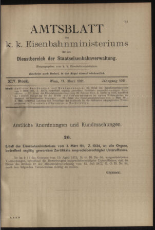 Verordnungs- und Anzeige-Blatt der k.k. General-Direction der österr. Staatsbahnen 19110311 Seite: 1