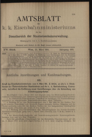 Verordnungs- und Anzeige-Blatt der k.k. General-Direction der österr. Staatsbahnen 19110325 Seite: 1