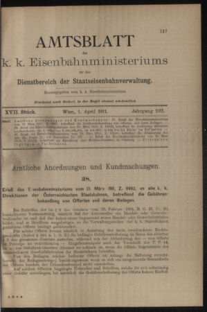 Verordnungs- und Anzeige-Blatt der k.k. General-Direction der österr. Staatsbahnen 19110401 Seite: 1