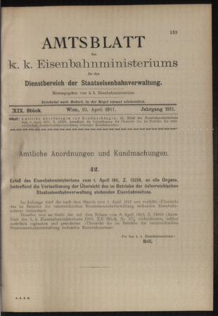 Verordnungs- und Anzeige-Blatt der k.k. General-Direction der österr. Staatsbahnen 19110410 Seite: 1