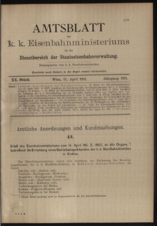 Verordnungs- und Anzeige-Blatt der k.k. General-Direction der österr. Staatsbahnen 19110415 Seite: 1