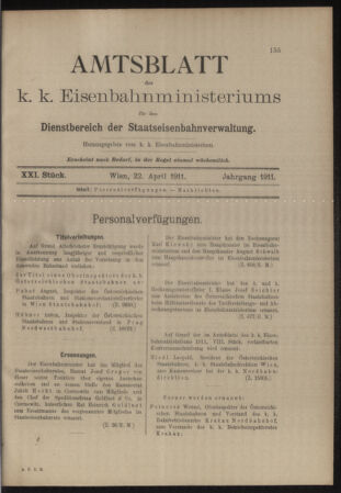 Verordnungs- und Anzeige-Blatt der k.k. General-Direction der österr. Staatsbahnen 19110422 Seite: 1