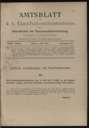 Verordnungs- und Anzeige-Blatt der k.k. General-Direction der österr. Staatsbahnen 19110506 Seite: 1