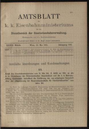 Verordnungs- und Anzeige-Blatt der k.k. General-Direction der österr. Staatsbahnen 19110520 Seite: 1