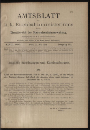 Verordnungs- und Anzeige-Blatt der k.k. General-Direction der österr. Staatsbahnen 19110527 Seite: 1