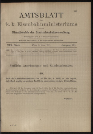 Verordnungs- und Anzeige-Blatt der k.k. General-Direction der österr. Staatsbahnen 19110603 Seite: 1