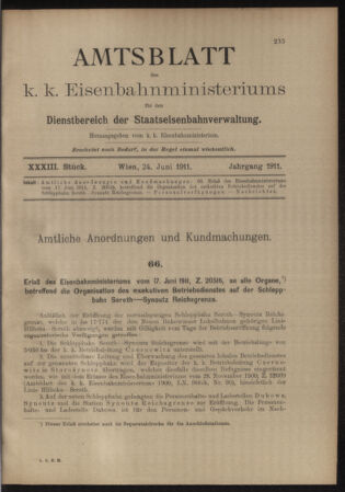 Verordnungs- und Anzeige-Blatt der k.k. General-Direction der österr. Staatsbahnen 19110624 Seite: 1