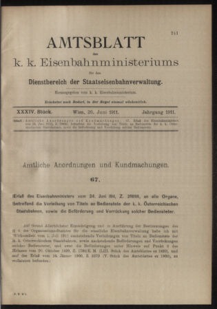 Verordnungs- und Anzeige-Blatt der k.k. General-Direction der österr. Staatsbahnen 19110626 Seite: 1