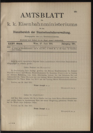 Verordnungs- und Anzeige-Blatt der k.k. General-Direction der österr. Staatsbahnen 19110627 Seite: 1