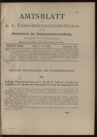 Verordnungs- und Anzeige-Blatt der k.k. General-Direction der österr. Staatsbahnen 19110708 Seite: 1