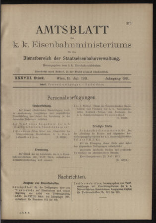 Verordnungs- und Anzeige-Blatt der k.k. General-Direction der österr. Staatsbahnen 19110715 Seite: 1