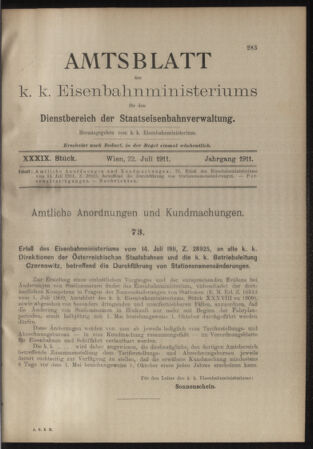 Verordnungs- und Anzeige-Blatt der k.k. General-Direction der österr. Staatsbahnen 19110722 Seite: 1