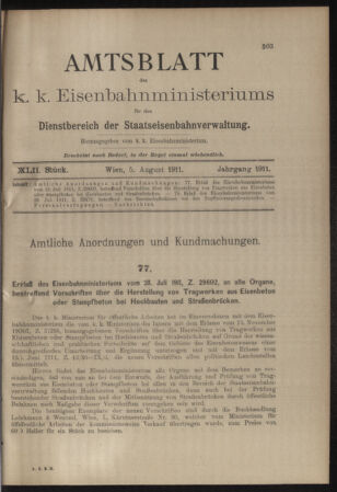 Verordnungs- und Anzeige-Blatt der k.k. General-Direction der österr. Staatsbahnen 19110805 Seite: 1