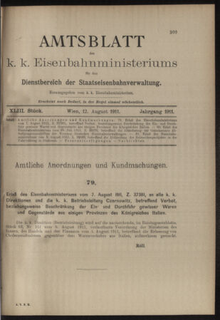 Verordnungs- und Anzeige-Blatt der k.k. General-Direction der österr. Staatsbahnen 19110812 Seite: 1