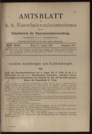 Verordnungs- und Anzeige-Blatt der k.k. General-Direction der österr. Staatsbahnen 19110819 Seite: 1