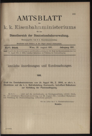 Verordnungs- und Anzeige-Blatt der k.k. General-Direction der österr. Staatsbahnen 19110828 Seite: 1