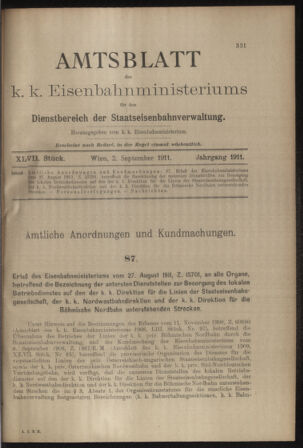 Verordnungs- und Anzeige-Blatt der k.k. General-Direction der österr. Staatsbahnen 19110902 Seite: 1