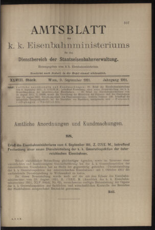 Verordnungs- und Anzeige-Blatt der k.k. General-Direction der österr. Staatsbahnen 19110909 Seite: 1