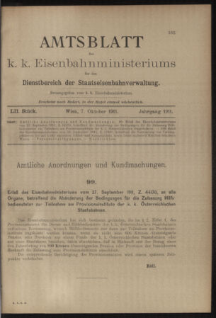 Verordnungs- und Anzeige-Blatt der k.k. General-Direction der österr. Staatsbahnen 19111007 Seite: 1