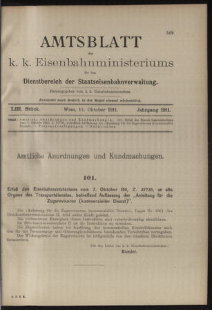 Verordnungs- und Anzeige-Blatt der k.k. General-Direction der österr. Staatsbahnen 19111014 Seite: 1