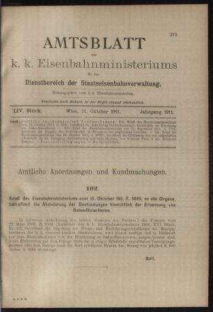 Verordnungs- und Anzeige-Blatt der k.k. General-Direction der österr. Staatsbahnen 19111021 Seite: 1