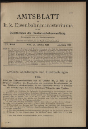 Verordnungs- und Anzeige-Blatt der k.k. General-Direction der österr. Staatsbahnen 19111028 Seite: 1