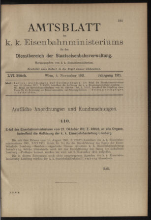 Verordnungs- und Anzeige-Blatt der k.k. General-Direction der österr. Staatsbahnen 19111104 Seite: 1