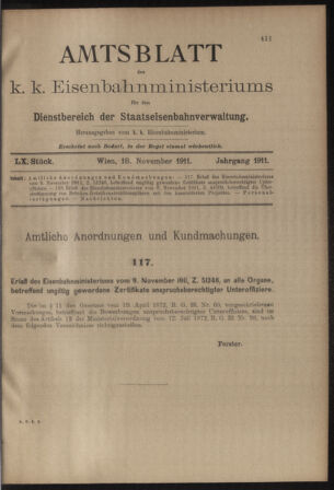 Verordnungs- und Anzeige-Blatt der k.k. General-Direction der österr. Staatsbahnen 19111118 Seite: 1