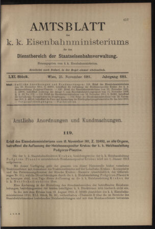 Verordnungs- und Anzeige-Blatt der k.k. General-Direction der österr. Staatsbahnen 19111125 Seite: 1