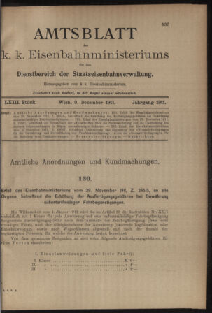 Verordnungs- und Anzeige-Blatt der k.k. General-Direction der österr. Staatsbahnen 19111209 Seite: 1