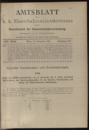 Verordnungs- und Anzeige-Blatt der k.k. General-Direction der österr. Staatsbahnen 19111223 Seite: 1