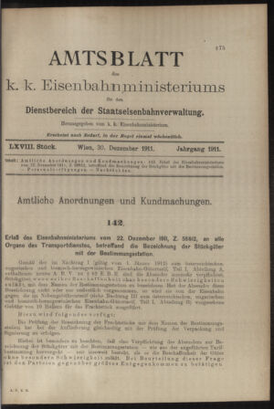 Verordnungs- und Anzeige-Blatt der k.k. General-Direction der österr. Staatsbahnen 19111230 Seite: 1