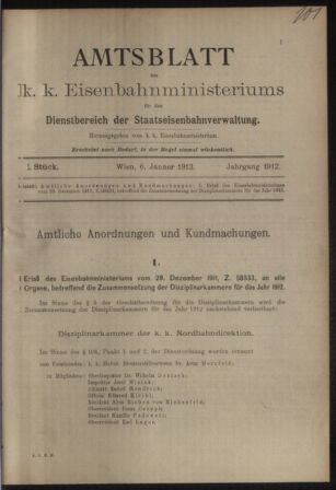 Verordnungs- und Anzeige-Blatt der k.k. General-Direction der österr. Staatsbahnen 19120106 Seite: 1