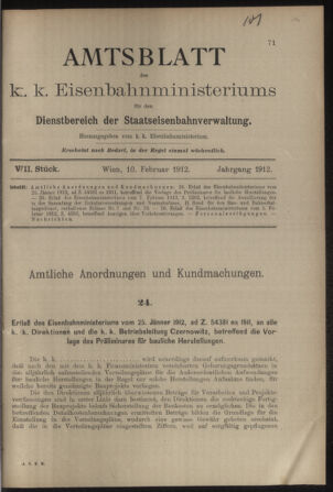 Verordnungs- und Anzeige-Blatt der k.k. General-Direction der österr. Staatsbahnen 19120210 Seite: 1