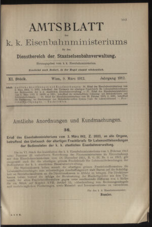 Verordnungs- und Anzeige-Blatt der k.k. General-Direction der österr. Staatsbahnen 19120309 Seite: 1