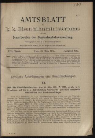 Verordnungs- und Anzeige-Blatt der k.k. General-Direction der österr. Staatsbahnen 19120323 Seite: 1