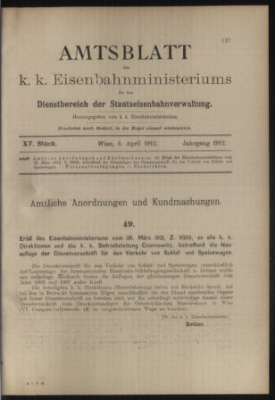 Verordnungs- und Anzeige-Blatt der k.k. General-Direction der österr. Staatsbahnen 19120406 Seite: 1