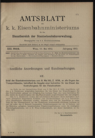 Verordnungs- und Anzeige-Blatt der k.k. General-Direction der österr. Staatsbahnen 19120518 Seite: 1