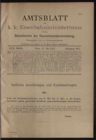 Verordnungs- und Anzeige-Blatt der k.k. General-Direction der österr. Staatsbahnen 19120525 Seite: 1