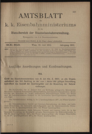 Verordnungs- und Anzeige-Blatt der k.k. General-Direction der österr. Staatsbahnen