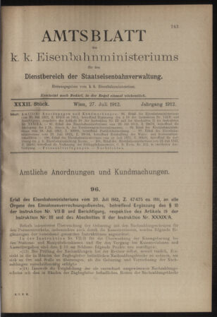 Verordnungs- und Anzeige-Blatt der k.k. General-Direction der österr. Staatsbahnen 19120727 Seite: 1