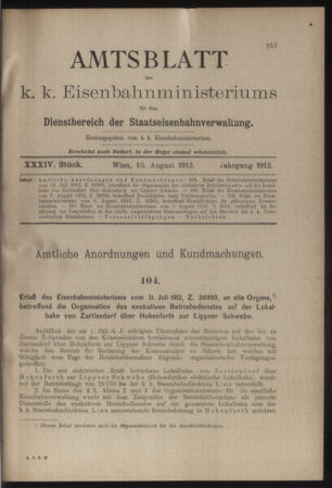 Verordnungs- und Anzeige-Blatt der k.k. General-Direction der österr. Staatsbahnen 19120810 Seite: 1