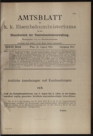 Verordnungs- und Anzeige-Blatt der k.k. General-Direction der österr. Staatsbahnen 19120824 Seite: 1