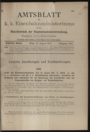 Verordnungs- und Anzeige-Blatt der k.k. General-Direction der österr. Staatsbahnen 19120831 Seite: 1