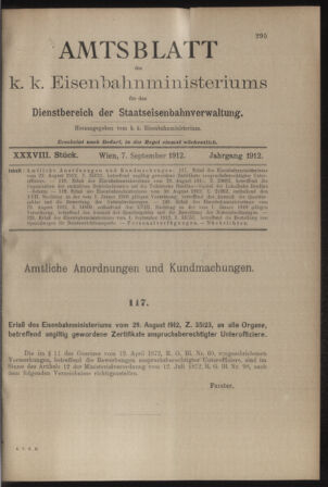 Verordnungs- und Anzeige-Blatt der k.k. General-Direction der österr. Staatsbahnen 19120907 Seite: 1