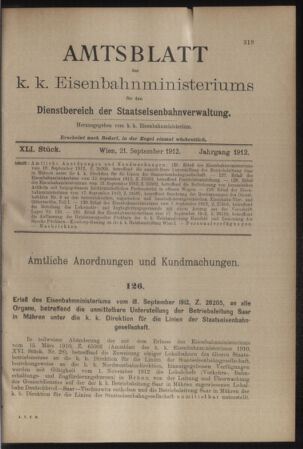 Verordnungs- und Anzeige-Blatt der k.k. General-Direction der österr. Staatsbahnen 19120921 Seite: 1