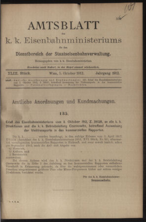 Verordnungs- und Anzeige-Blatt der k.k. General-Direction der österr. Staatsbahnen 19121005 Seite: 1